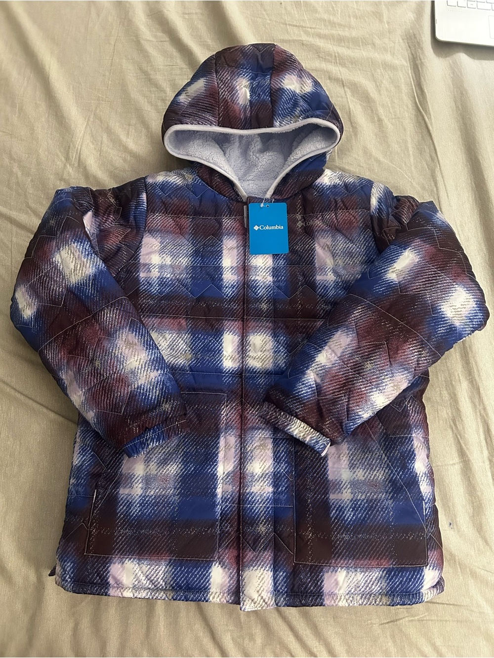 Columbia Kids Hooded Plaid Puffer Jacket in Blue and Brown